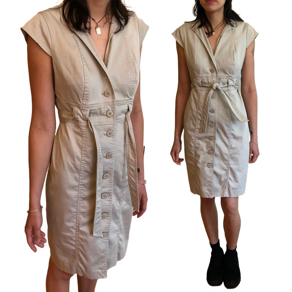 Vintage Beige Canvas Button Up Calvin Klein Fitted Shirt Mini Dress Belted Waist